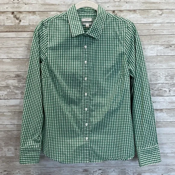 J.Crew Womens M Shirt Stretch Perfect Green White Gingham Check Button Up Preppy - Picture 2 of 6